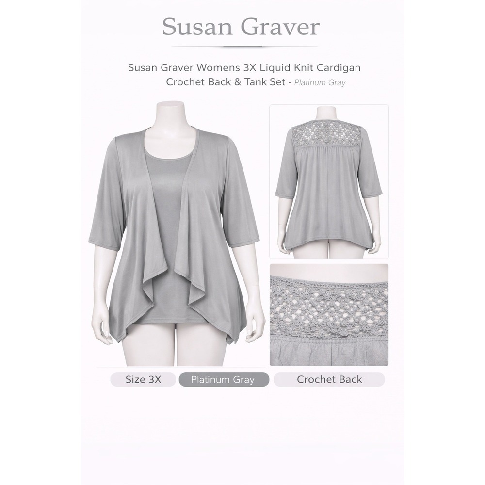 Susan Graver Womens 3X Liquid Knit Cardigan Tank Set Crochet Back Platinum Gray - Picture 1 of 2